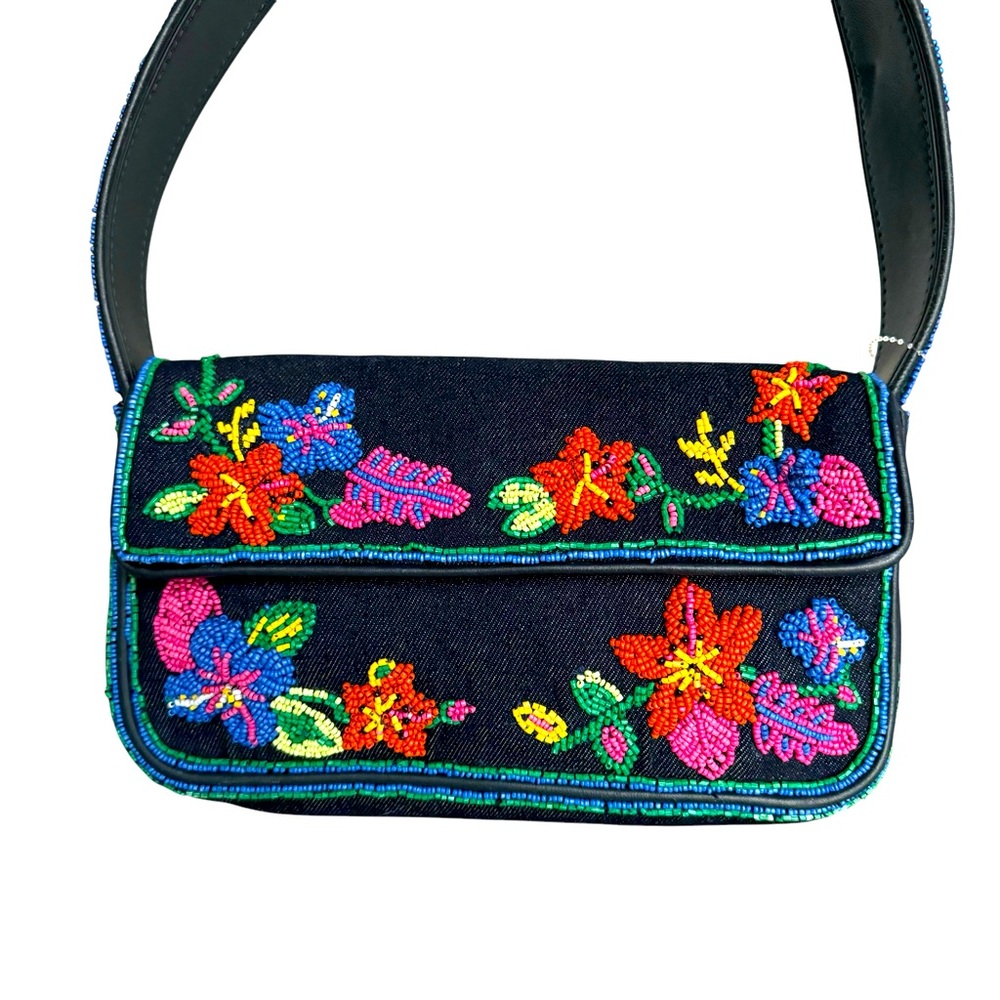 🆕 STAUD Tommy Shoulder Bag Floral Beaded Denim - Picture 6 of 17